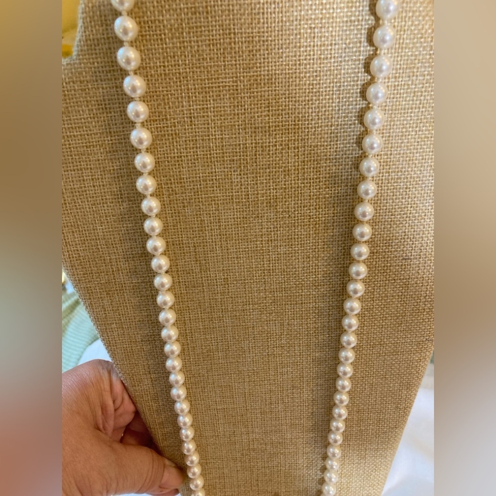 Opera Length Hand Knotted Glass Faux Pearls 60” Vintage Necklace - Picture 3 of 8